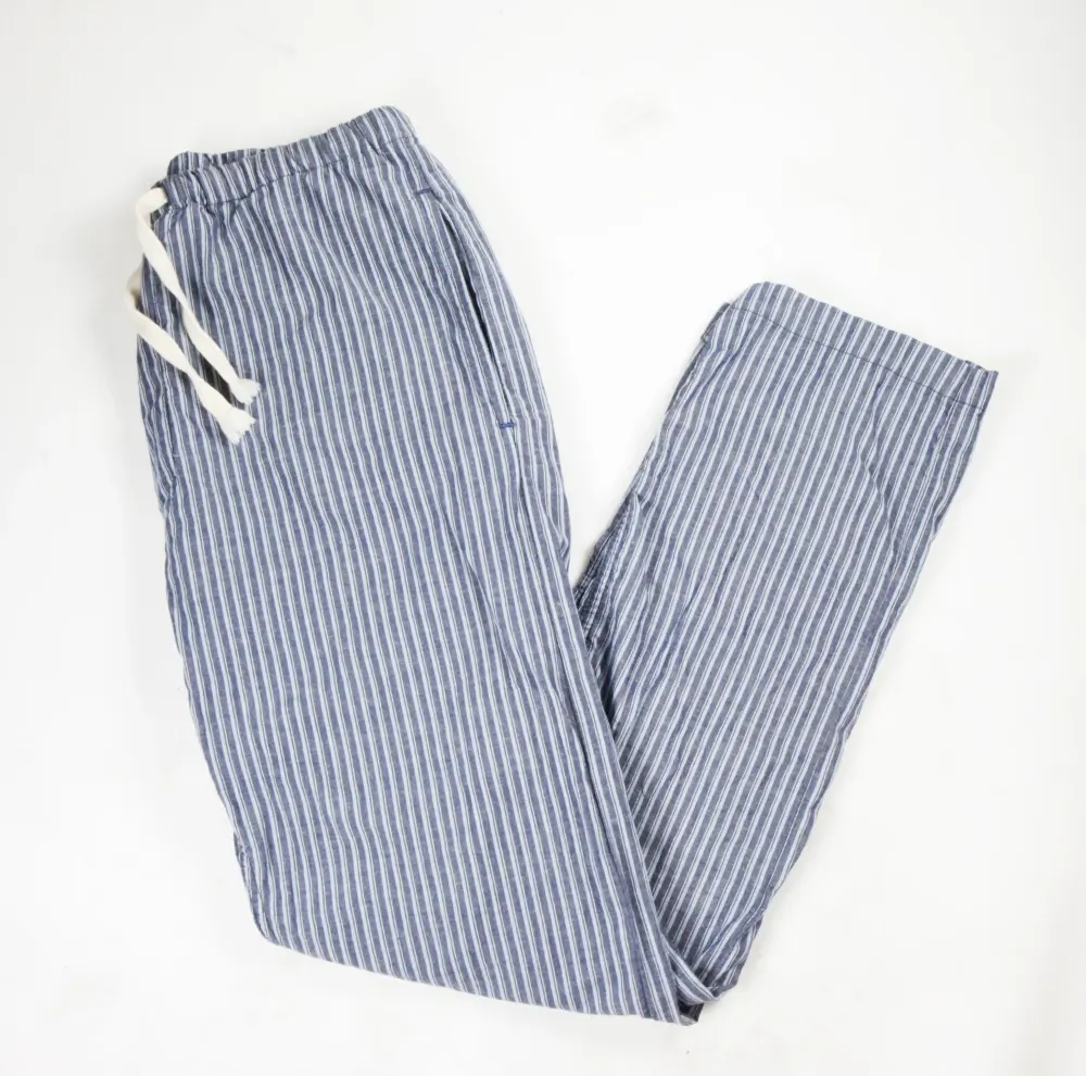 Japanese blue striped linen/cotton drawstring lounge pants from Left Field NYC