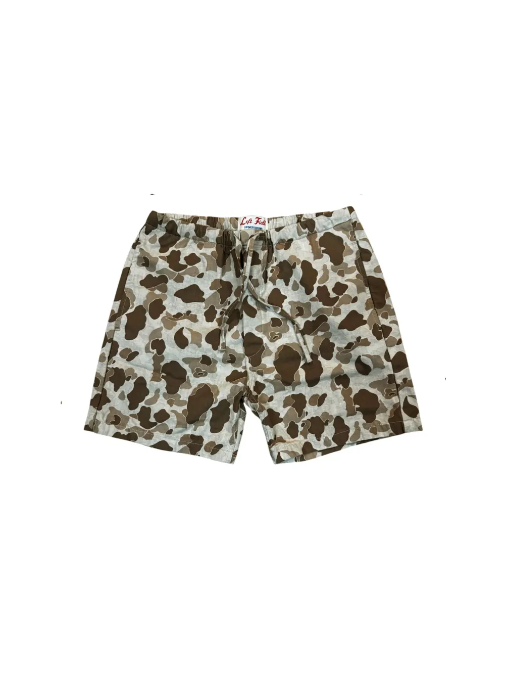 Light Tan Camo Japanese "Frogskin" Double sided drawstring shorts from Left Field NYC
